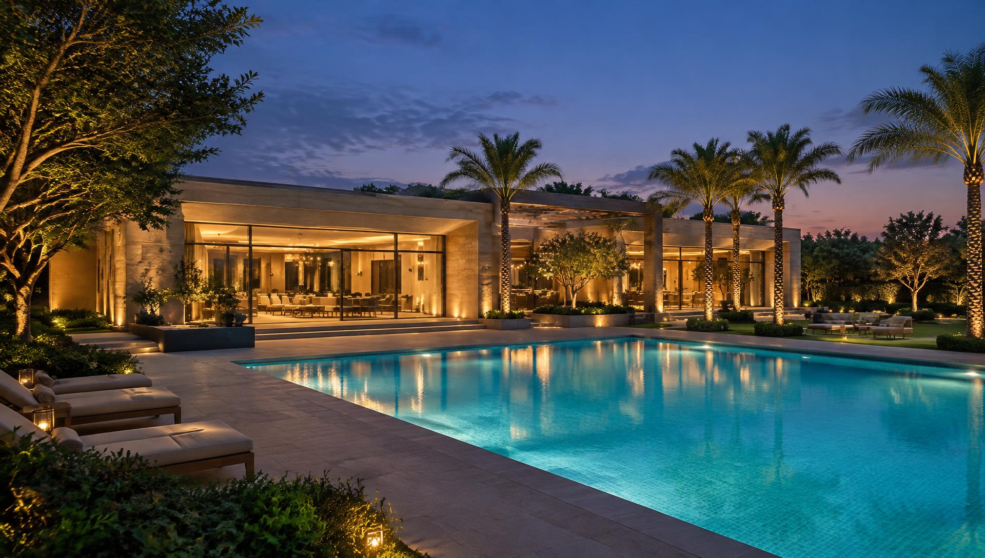 Illustrative luxury clubhouse overlooking a swimming pool at dusk