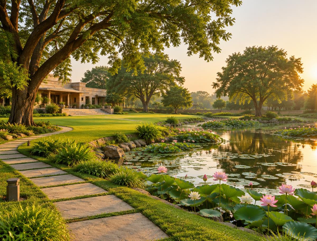 Illustrative landscaped garden with a natural pond
